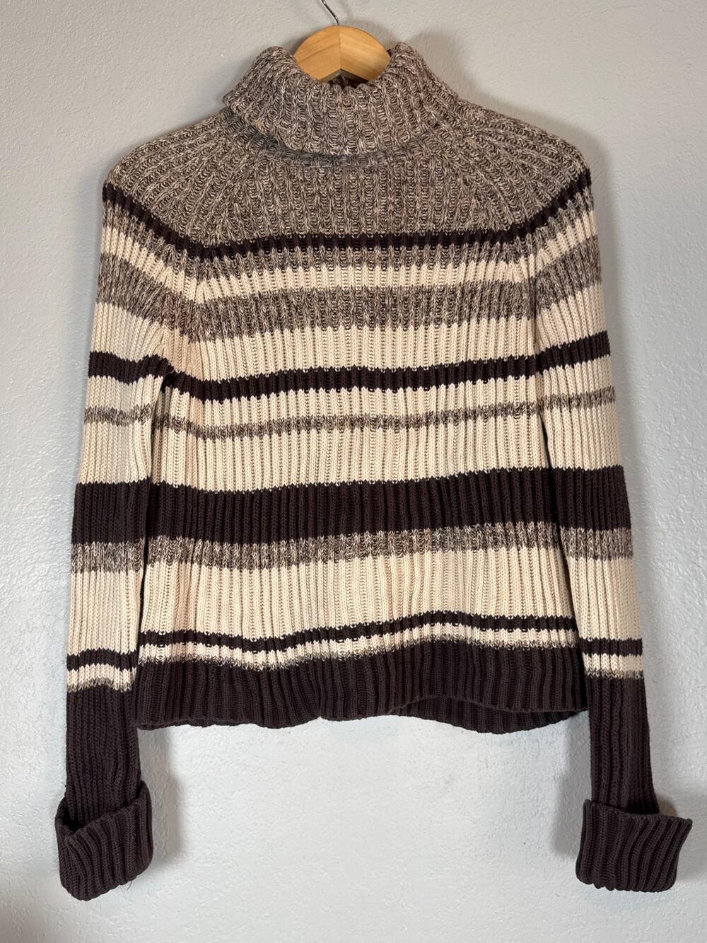 Y2K Thick Ribbed Brown Turtleneck Sweater Academia Womens Large 100% Cotton